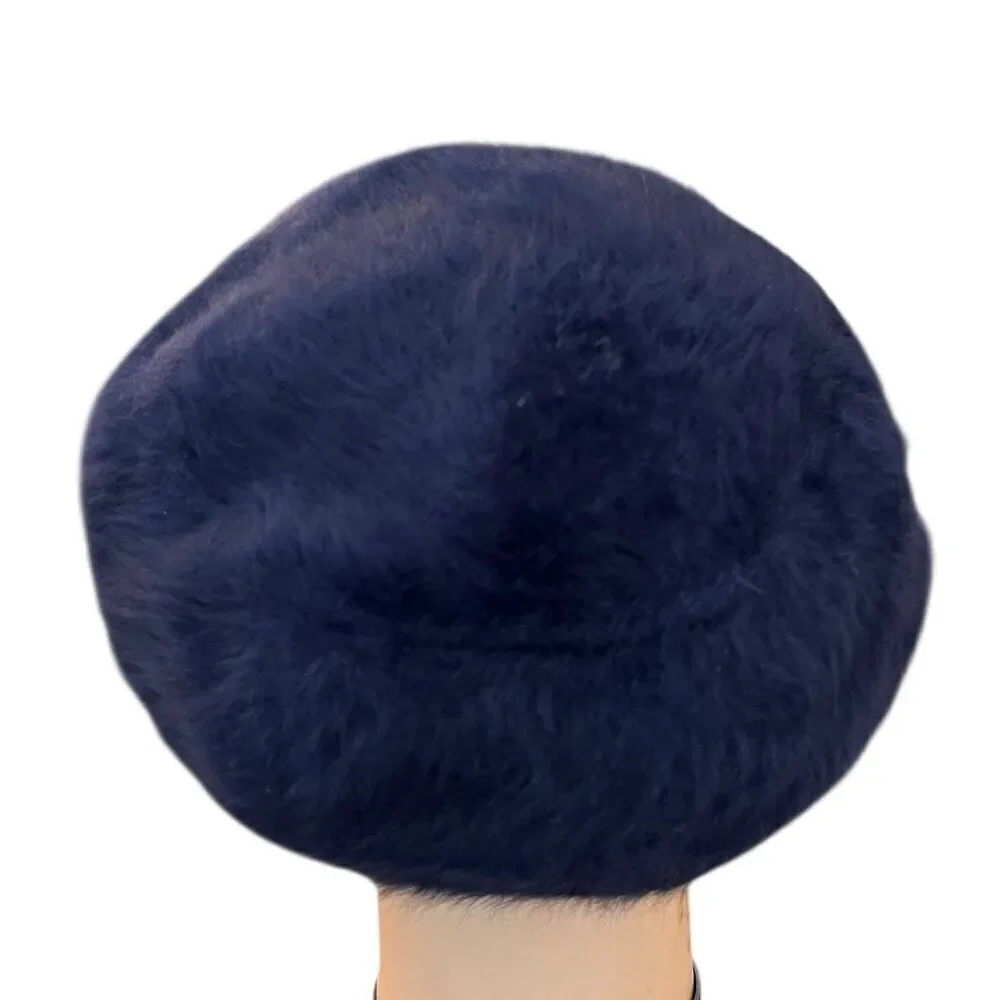 Womens Navy Blue Wool Angora Blend Beret Lined Fur Hat One Size
